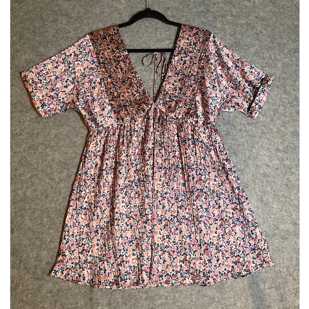 Lulus Pink Floral V-Neck Babydoll Mini Dress Short Sleeve EDS17195TY Womens